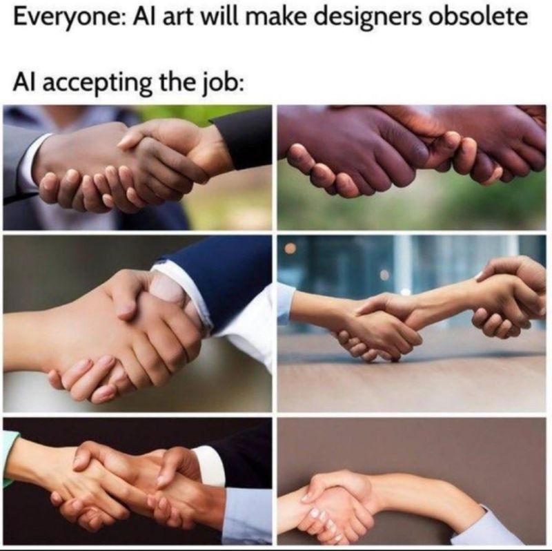 Quelques exemples de poignées de mains générées par AI. Les doigts sont innombrables.