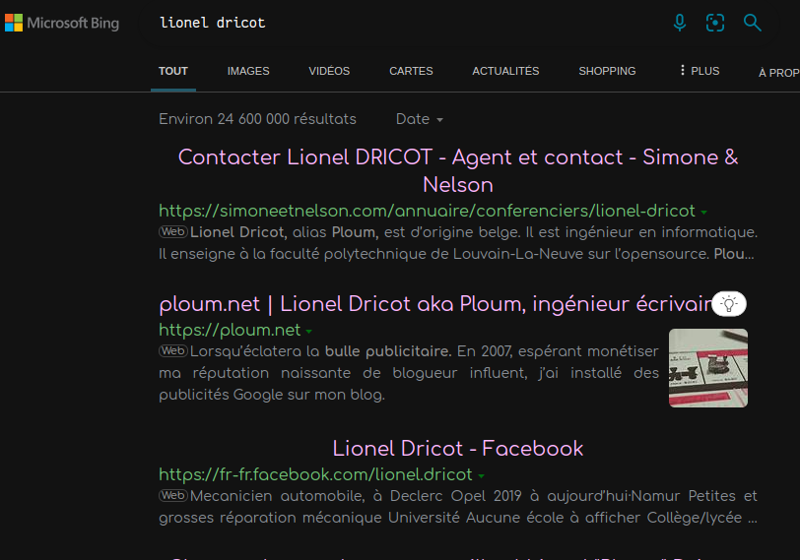 Capture d’écran d’une recherche Bing pour « Lionel Dricot »