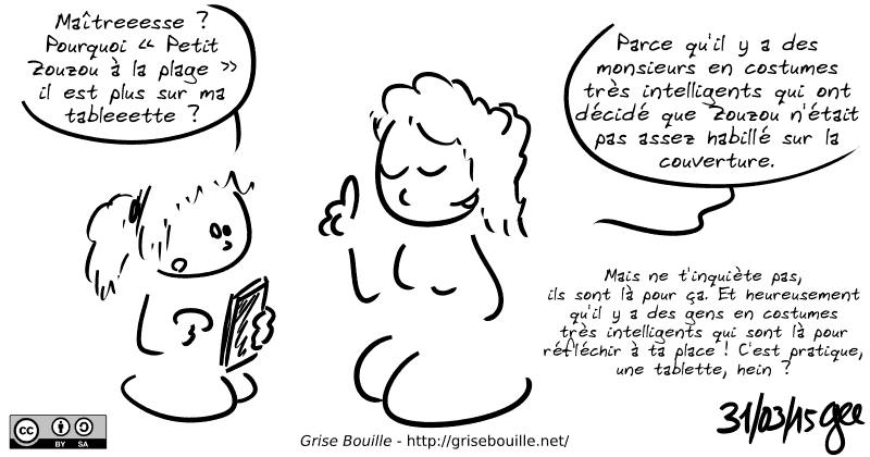 Une enfant s’étonne de ne plus retrouver un livre sur sa tablette, la maitresse lui explique que des entreprises ont décidé que ce livre n’était pas bon pour elle.