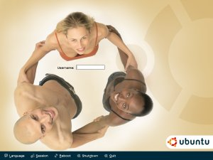 The first Ubuntu login picture with three half-naked people looking toward the sky. Some alpha versions were with even fewer clothes.